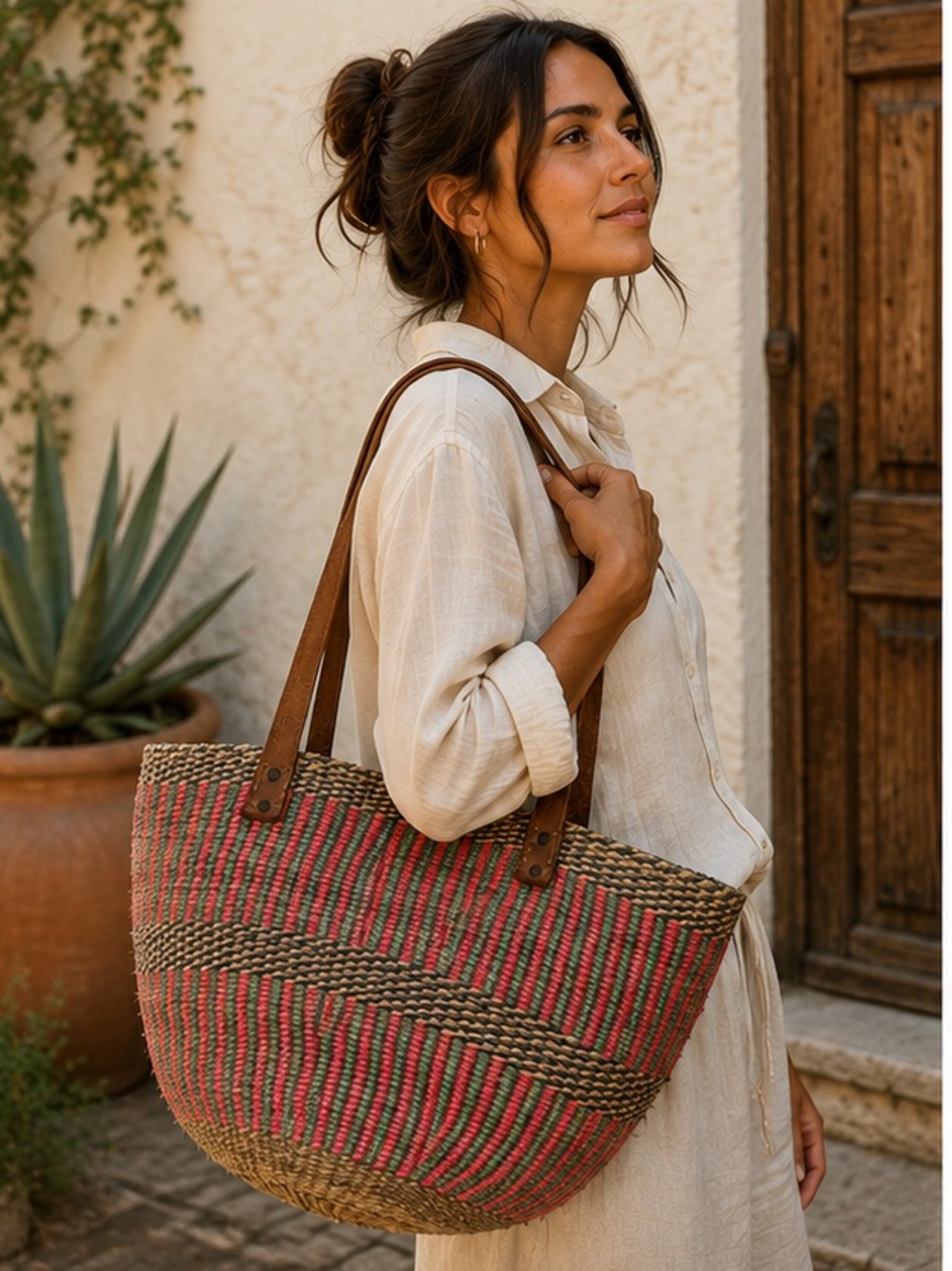 Kenyan Kiondo Sisal Market Tote Bag Leather Handles Boho Artisan Made in Kenya